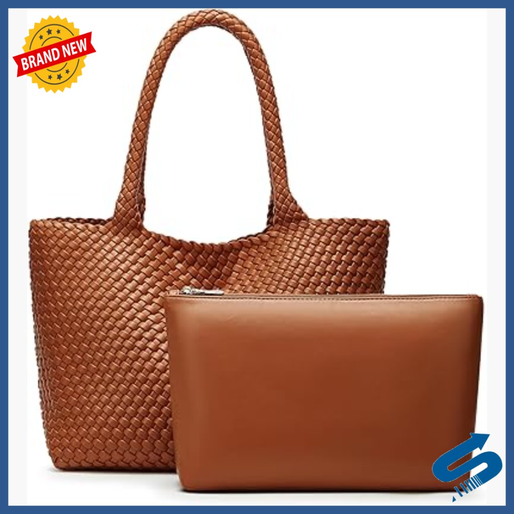 Handwoven Vegan Leather Tote With Detachable Clutch, Travel Bag